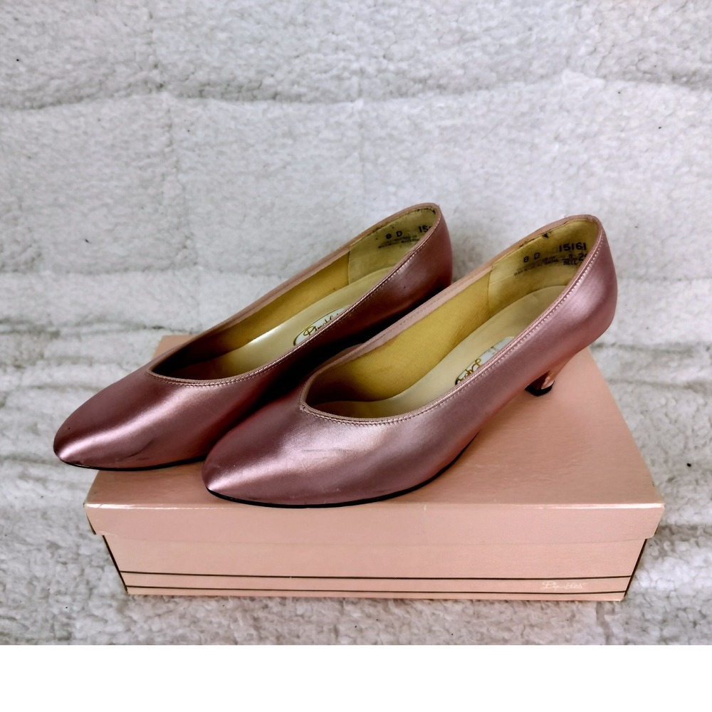 Vintage Dyeables Satin Kitten Bridal Heel Pumps Pink Pointed‎ Toe Formal Shoes